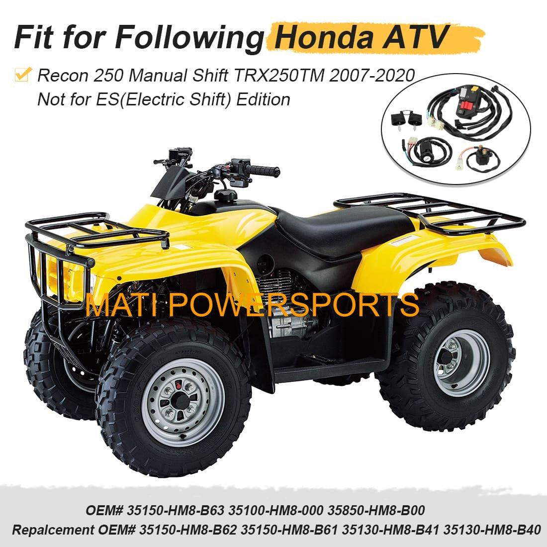 Handlebar Key Starter Relay Switch Kit for Honda Recon 250 TRX250TM 2007-2020 Manual Shift