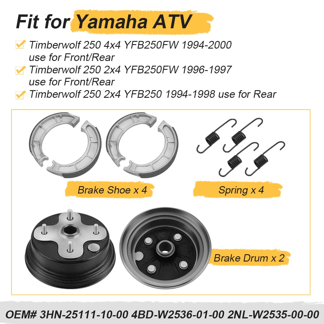 2Set Front/Rear Wheel Brake Drum Hub & Brake Shoes For Yamaha Timberwolf 250 2x4 4x4 YFB250/FW 1994-2000 3HN-25111-10-00
