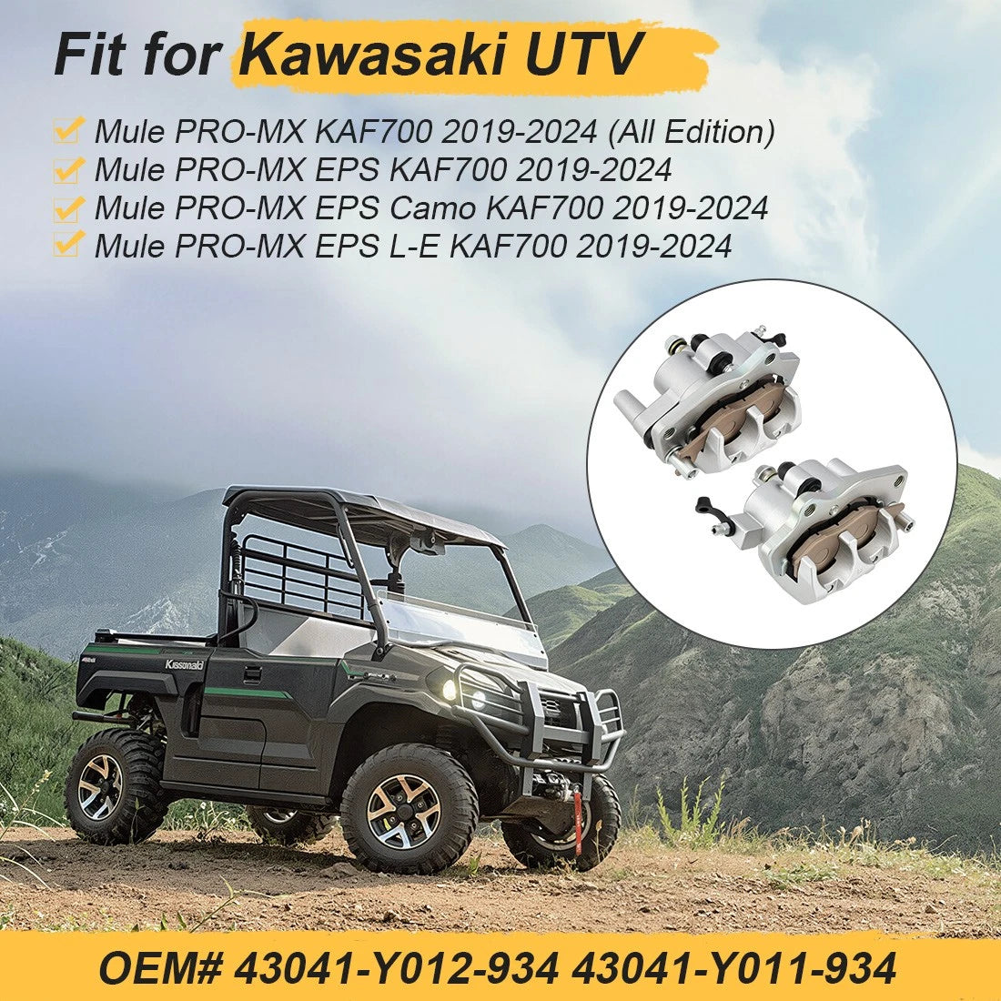Front Left & Right Brake Calipers Set for Kawasaki Mule PRO-MX KAF700 2019-2024 Replaces 43041-Y012-934 & 43041-Y011-934