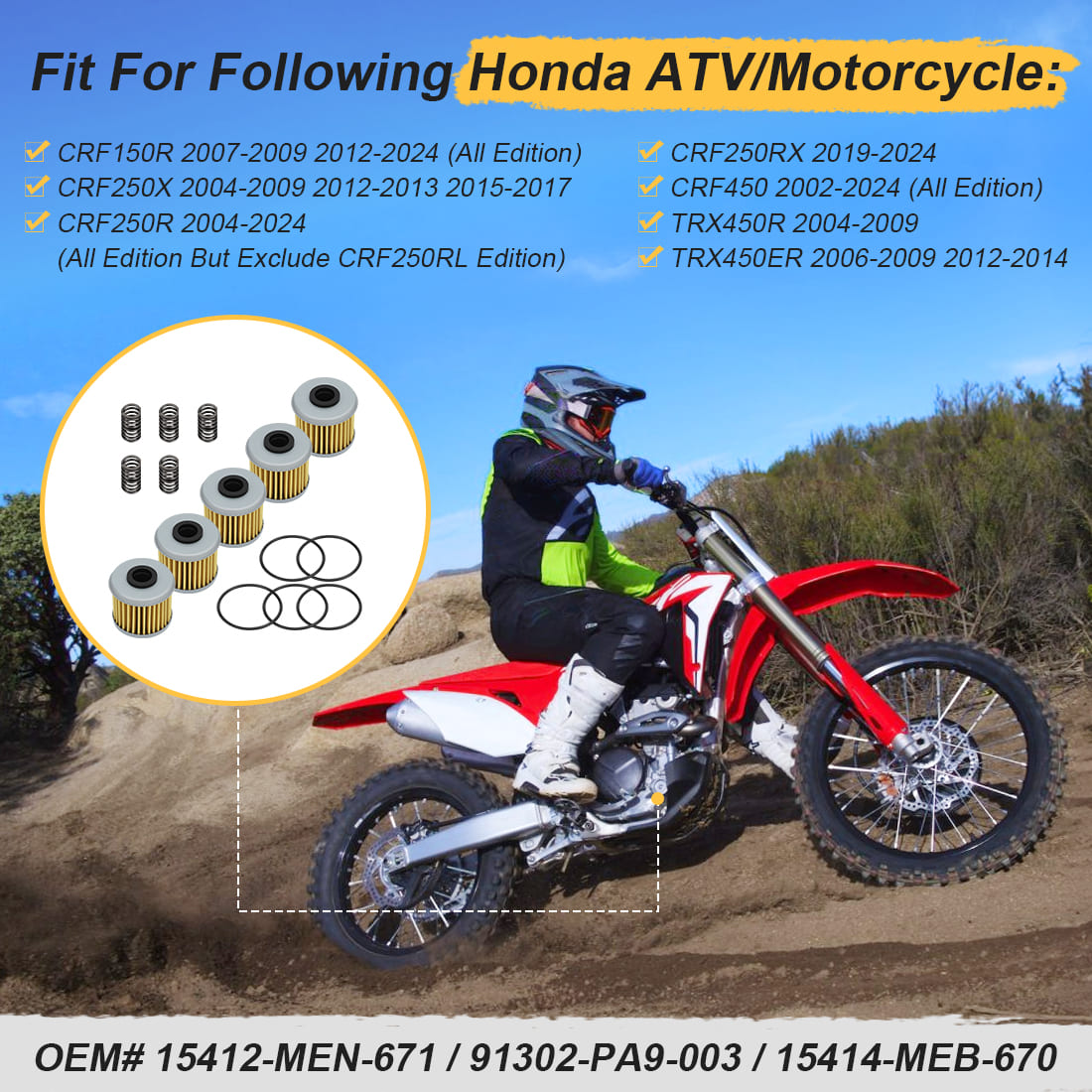 5PCS Oil Filter With O-Ring Spring For Honda CRF150R CRF250 CRF450 TRX450R/ER 2002-2024 15412-MEN-671