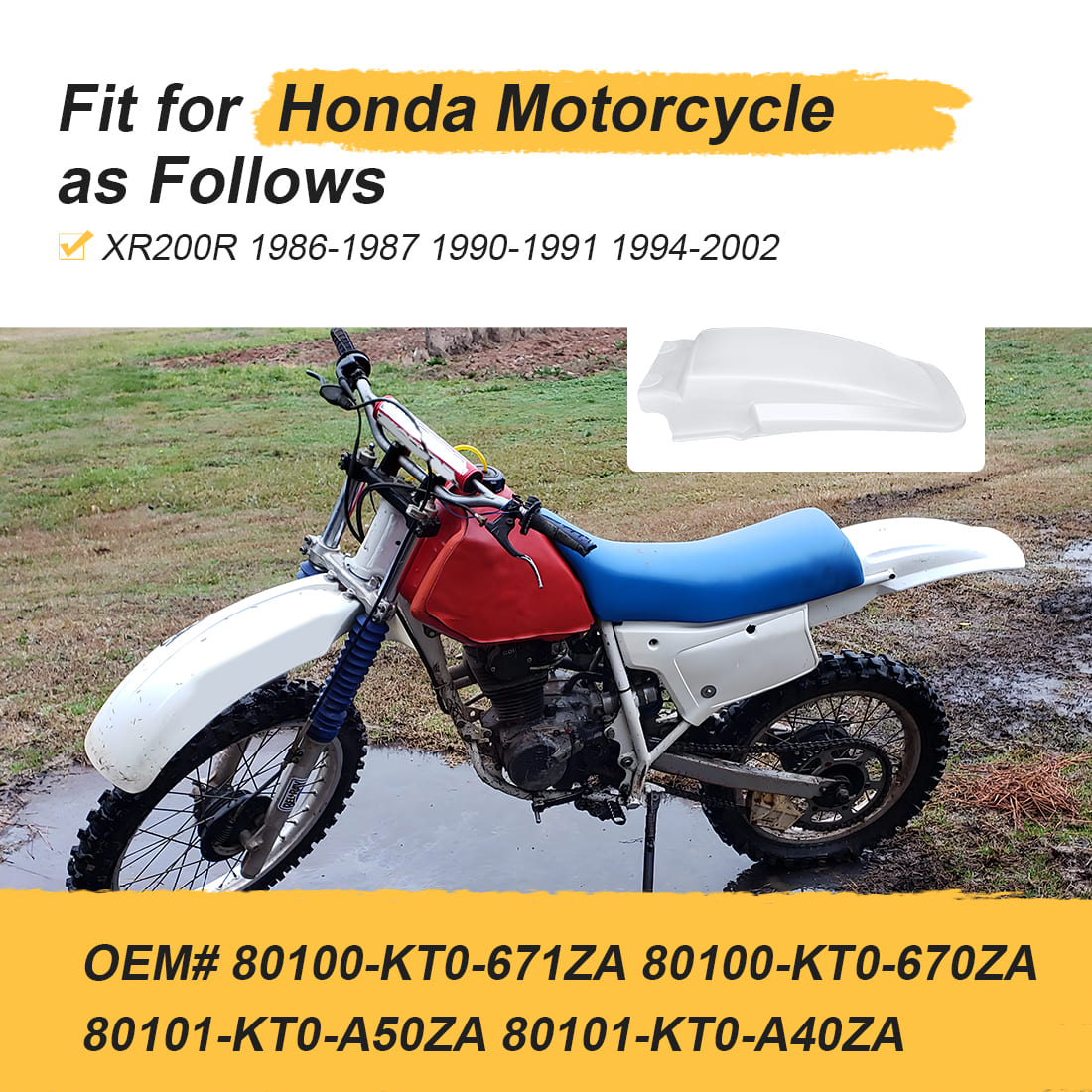 White Rear Fender For Honda XR200R 1986-2002 80100-KT0-671ZA