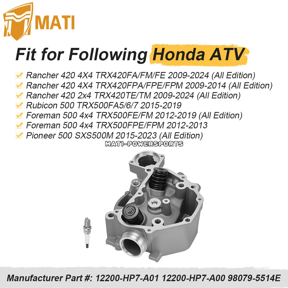 Cylinder Head & Spark Plug For Honda Rancher 420 Rubicon Foreman 500 Pioneer 500 TRX420 TRX500 SXS500 2009-2024