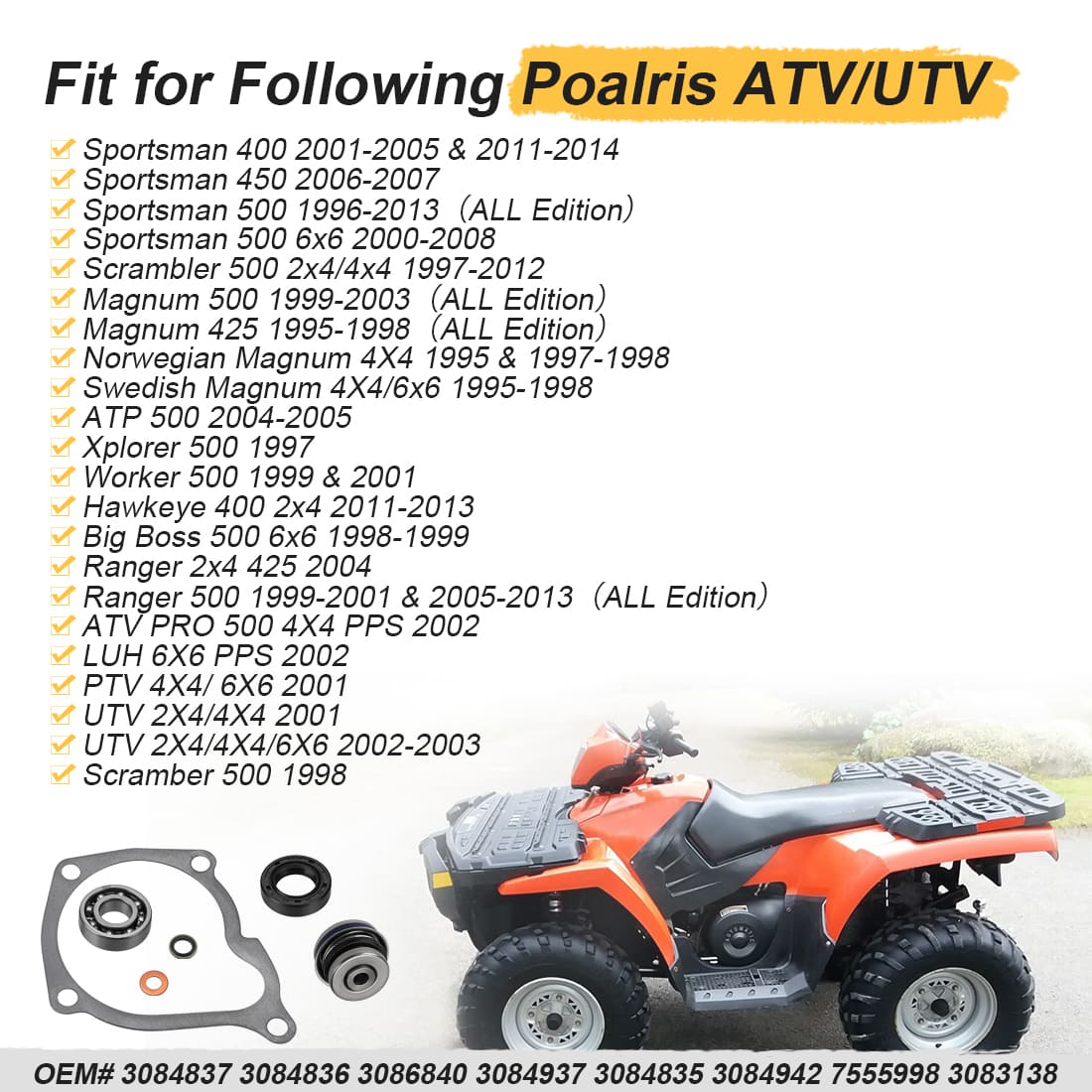 Water Pump Seal Rebuild Kit For Polaris Sportsman Scrambler Magnum Ranger 400 425 450 500 1995-2014 3084837