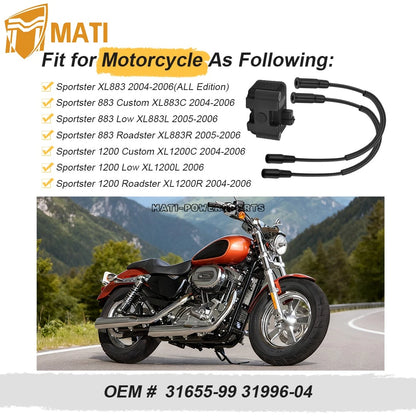 0.5 OHM Ignition Coil & Spark Plug Cable For Sportster 883 1200 Custom Low Roadster 2004-2006 31655-99 31996-04