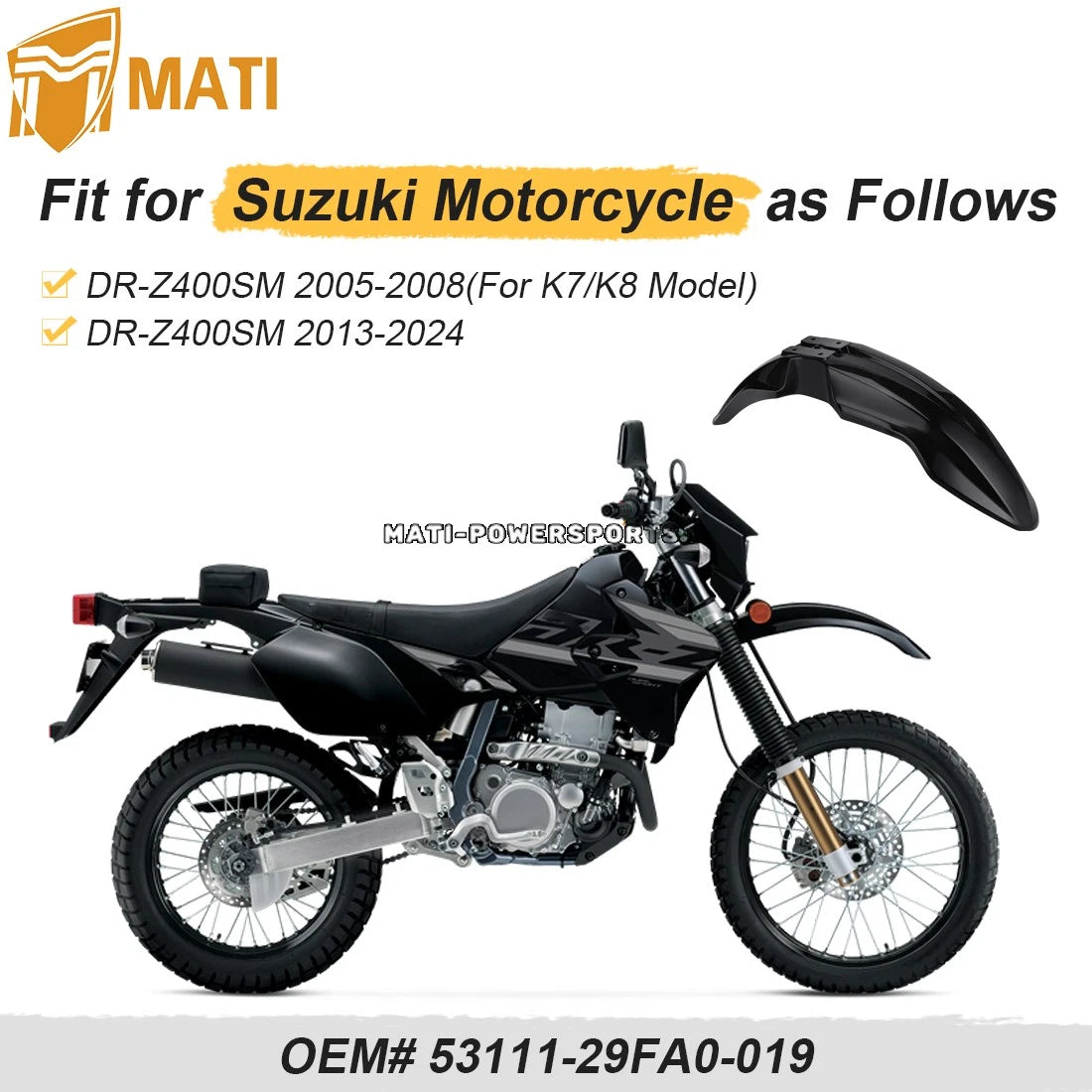 Front Fender For Suzuki DR-Z400SM 2005-2008 2013-2024 53111-29FA0-019