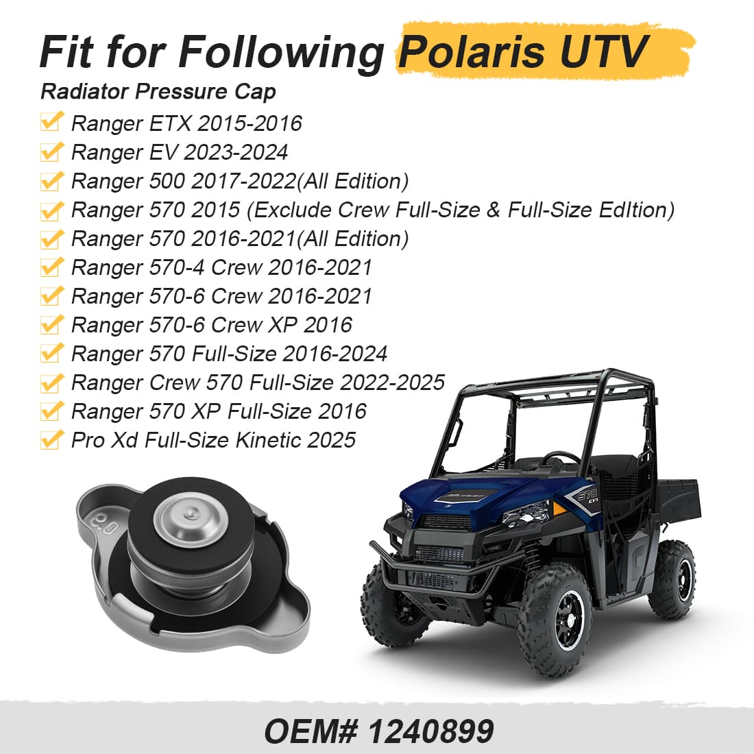 Radiator Pressure Cap for Polaris Ranger 570 ETX EV RZR PRO XP 4 /Pro R 4 1240899 1241379