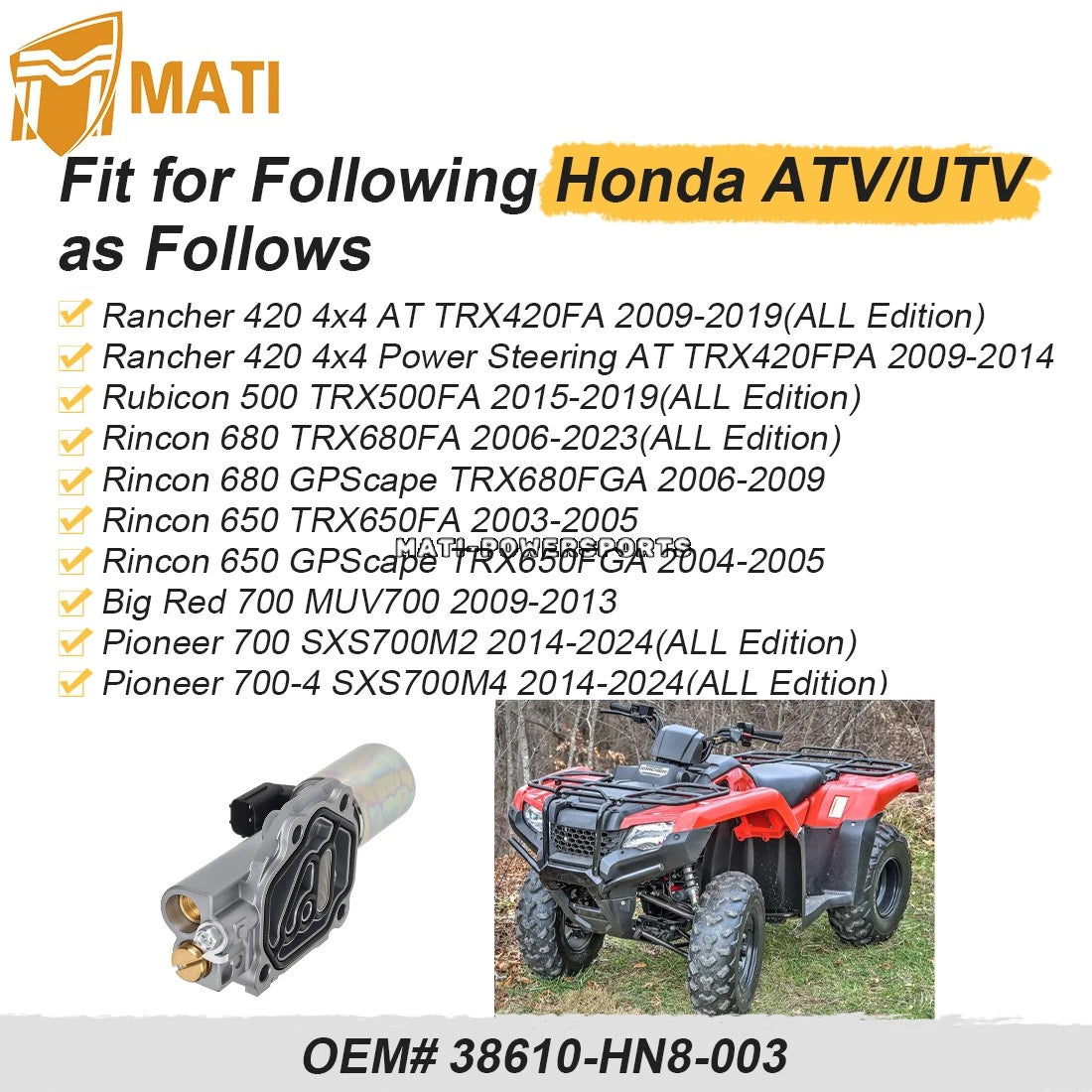 Solenoid Liner For Honda Rubicon 500 650 680 Rancher 420 Pioneer 700 Big Red 700 2003-2024 38610-HN8-003