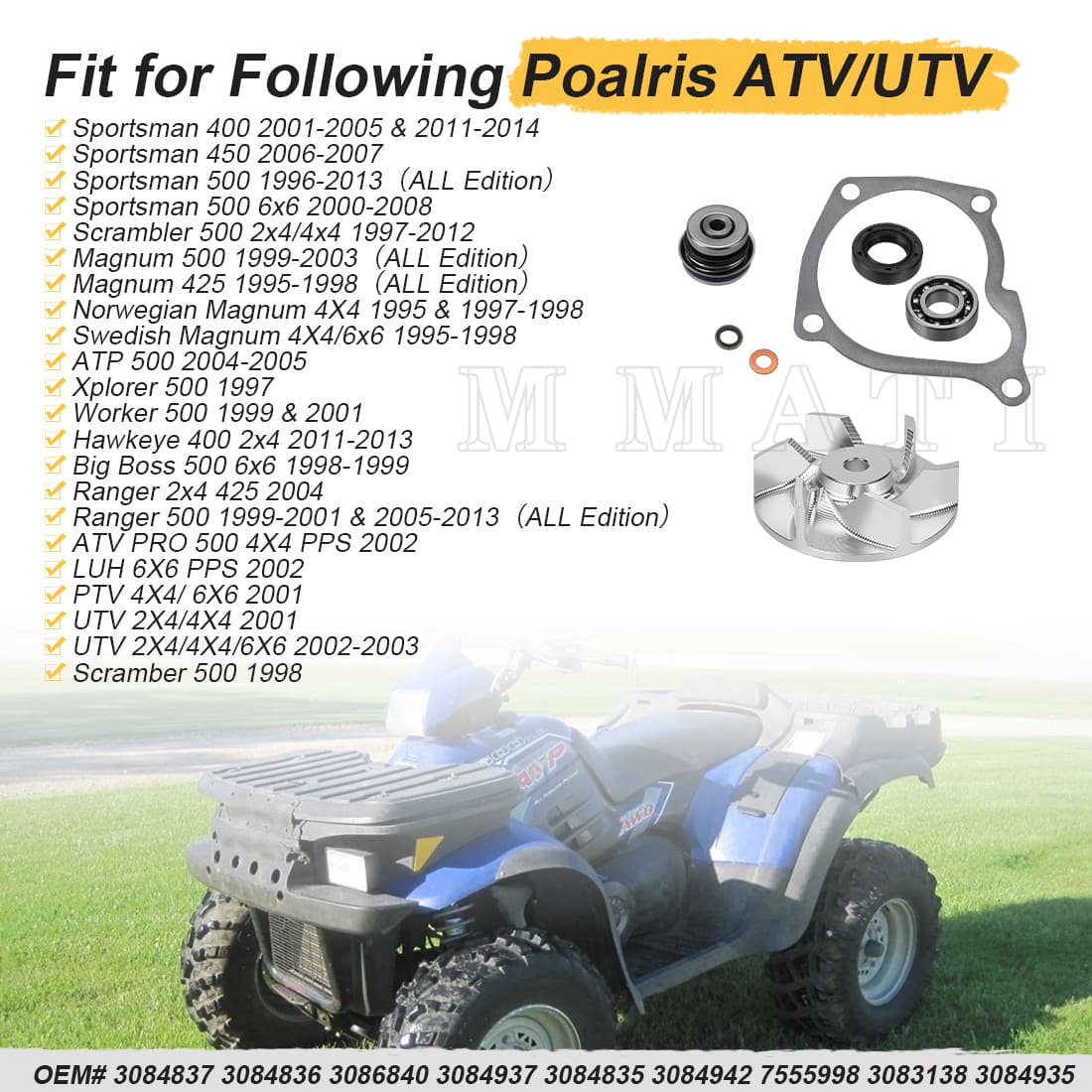 Water Impller & Water Pump Seal Rebuild Kit For Polaris  Sportsman Scrambler Magnum Ranger 400 425 450 500 1995-2014 3084837