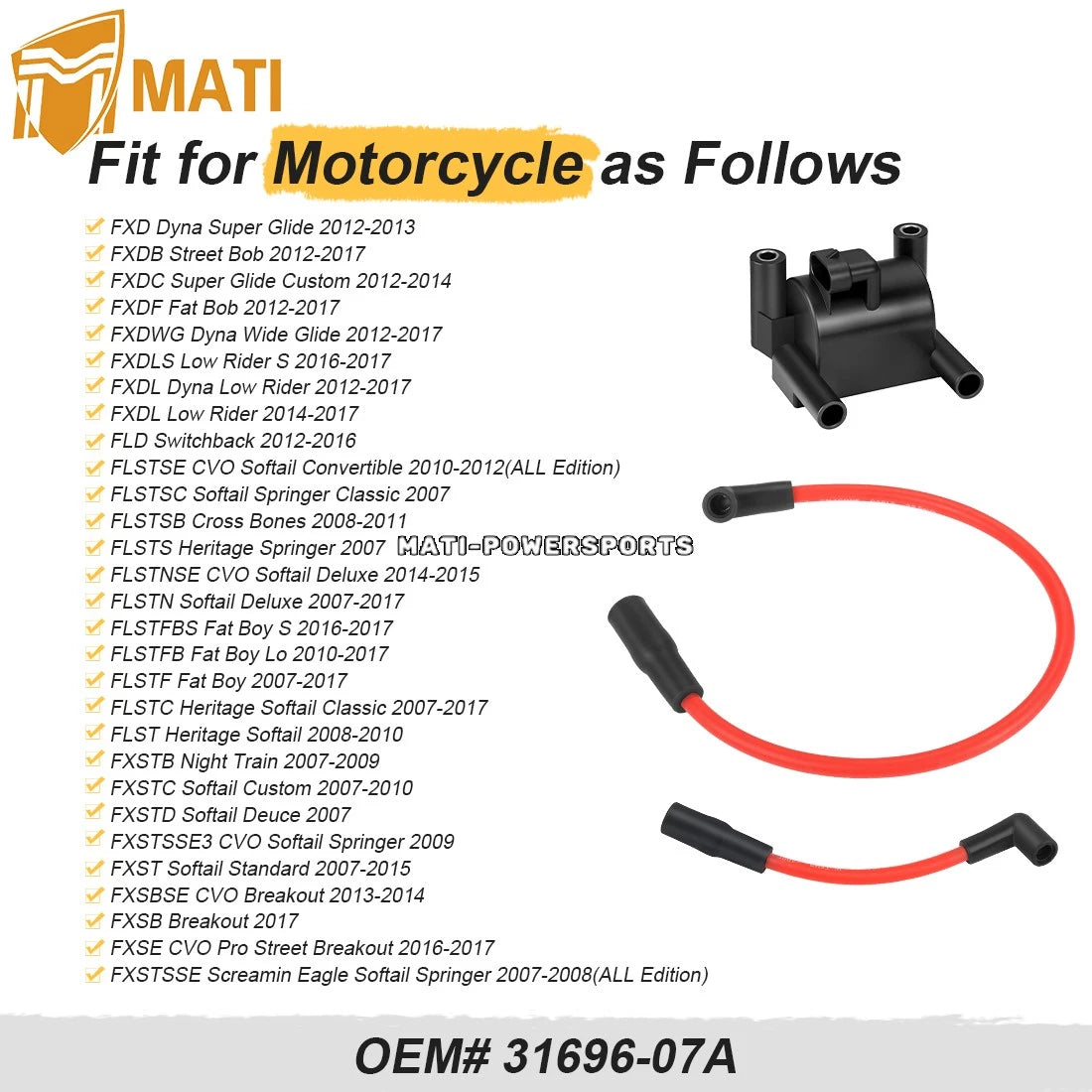 Ignition Coil & Spark Plug wire Cap For FXD FLD FXST FXSB FXSE Dyna Low Rider Super Glide CVO Softail Fat Boy  2007-2017 31696-07A