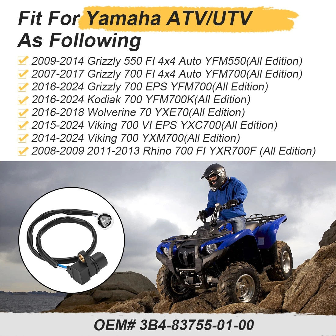 Speed Sensor For Yamaha Grizzly Viking Rhino 550 700 2007-2024 3B4-83755-01-00